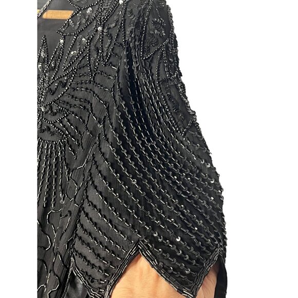 Vintage Laurence Kazar Black Beaded Silk Top 3X Short Sleeve Party Elegant sheer - Picture 5 of 16